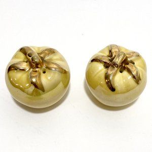 Tomato Salt and Pepper Shakers Lusterware Lustreware Yellow Gold Leaves